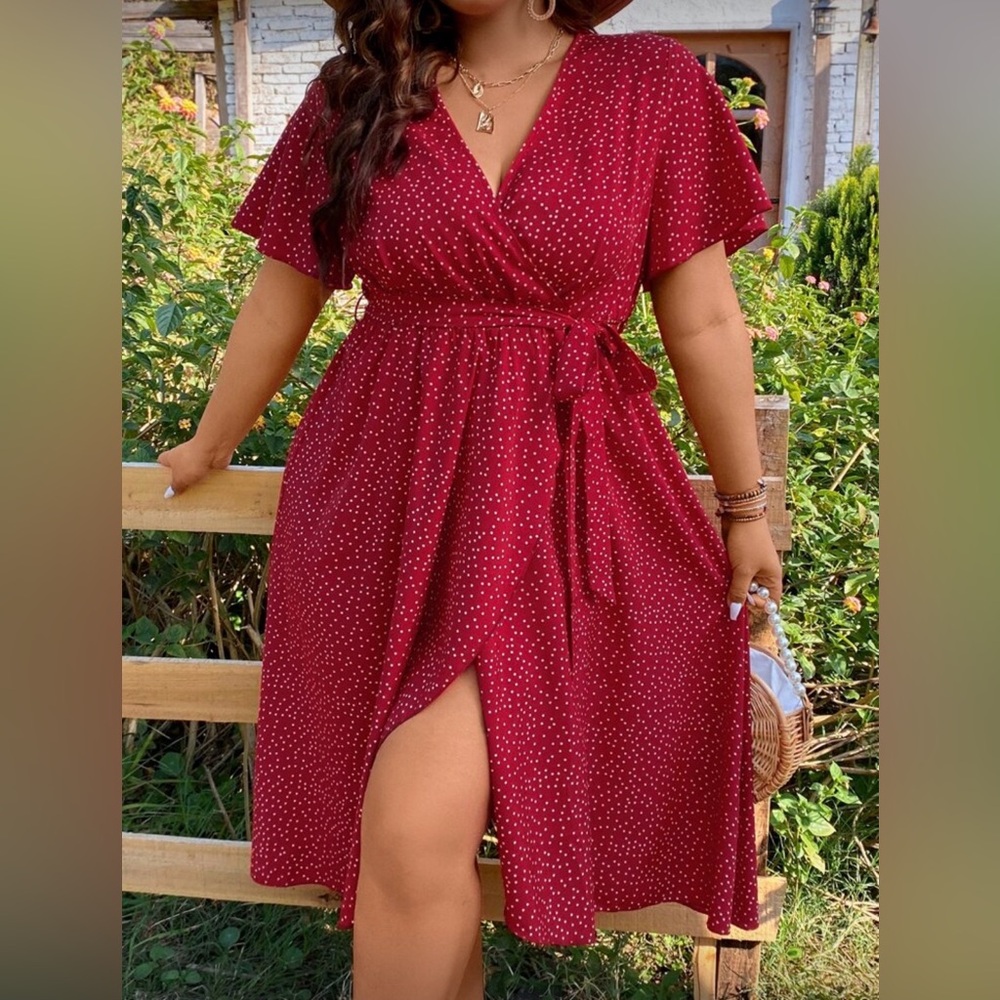 SHEIN Curve Red Polka Dot Midi Dress
